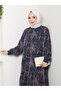 Women's Lined Navy Blue Chiffon Shawl Pattern Dress - 3