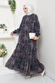 Women's Lined Navy Blue Chiffon Shawl Pattern Dress