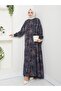Women's Lined Navy Blue Chiffon Shawl Pattern Dress - 4
