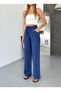 Women's Wide Leg Blue Trousers with Elastic Waist - 5