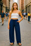 Women's Wide Leg Blue Trousers with Elastic Waist