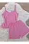 Pink Cotton Rope Strap Ruffle Detail Shorts Pajama Set - 8