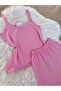 Pink Cotton Rope Strap Ruffle Detail Shorts Pajama Set - 7