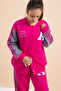 Fuchsia Written College Jacket Girl's Striped 3 Thread Hooded Tracksuit Set 21297 - 8