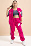Fuchsia Written College Jacket Girl's Striped 3 Thread Hooded Tracksuit Set 21297 - 2