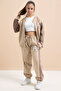 Beige Written College Jacket Girl's Striped 3 Thread Hooded Tracksuit Set 21298 - 2