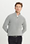 Men's Gray Melange Cotton Zippered Bato Collar Jacquard Standard Fit Regular Cut Knitwear Sweater