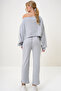 Women's Interlock Fabric Madonna Collar Crop Sweat and Pants Set Gray Alc-X13075 - 4
