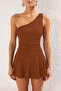 Brown One-Shoulder Covered Shorts Skirt Basic Swimsuit Tbess25Ma00061 - 5