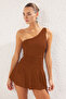 Brown One-Shoulder Covered Shorts Skirt Basic Swimsuit Tbess25Ma00061 - 3