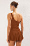 Brown One-Shoulder Covered Shorts Skirt Basic Swimsuit Tbess25Ma00061 - 6