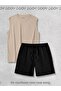 Beige Sleeveless Athlete's Athlete Oversize Tshirt - Black Combed Cotton Shorts Set of 2