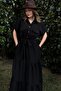 Black Short Sleeve, Airobin Fabric, Half Placket, Belt/Sash, Skirt Pleated, Pocket Maxi Long Dress