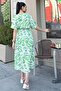 Women's Green Patterned, Half Sleeve, V-Neck, Elastic Waist, Long Loose Satin Dress - 5