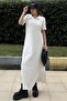 Women's White Polo Collar, Short Sleeve, Slit, Basic Model, Long Loose Dress