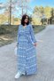 Women's Blue & White Double Breasted Collar, Split, Belted Waist, Elastic Ankles, Loose, Long Dress - 6