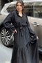 Women's Black Textured Fabric, Belted Waist, Balloon Sleeve, A-Line, Vintage Maxi Dress - Suitable for Modest Wear - 6