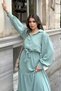 Women's Mint Textured Fabric, Belted Waist, Bubble Sleeve, A-Line, Vintage Maxi Dress - Suitable for Hijab - 5