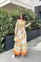 Women's Orange Print Shirt Collar, Long Sleeve, Skirt Pleated, Waist Belted, Loose Fit, Long Dress - 6