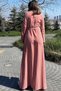 Women's Powder Kupra Fabric, Long Sleeve, Waist Belted, Body Fitting, Long Shirt Dress - 6