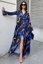 Women's Saxe & Black Double Breasted, Button Detail, Split, Waist Belted, Wide Cuff, Loose, Long Dress
