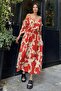 Red Viscose Belted Long Dress with Shoulder Detail - 2