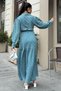 Petrol Blue Textured Fabric, Belted Waist, Balloon Sleeve, A-Line, Vintage Maxi Dress - Modest Wear - 4