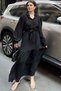 Women's Black Textured Fabric, Belted Waist, Balloon Sleeve, A-Line, Vintage Maxi Dress - Suitable for Modest Wear - 4
