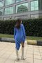 Women's Blue Shirt Collar, Long Sleeve, Asymmetric Cut, Loose, Midi Tunic Dress - 2