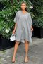Women's Anthracite Striped Linen, Half Sleeve, V-Neck, Pockets, Loose Midi Dress - 2