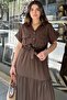 Coffee Short Sleeve, Airobin Fabric, Half Placket, Belt/Sash, Skirt Pleated, Pocket Maxi Long Dress - 3