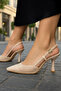 Daily Women's Beige Mesh Open Back Adjustable Buckle Thin Heeled Evening Dress Shoes 923 - 3