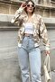 Women's Beige Patterned Gabardine Fabric, Comfortable Fit, Flap Pocket, Bomber Jacket - 3