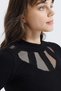 Women's Black Round Neck, Long Sleeve, Window Detail, Regular Cut, Mini Short Dress - 7