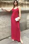 Women's Fuchsia Thin Strap, V-Neck, Slit Detail, Long Pleated Dress - 4