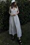Women's Beige Strap Imported Muslin Fabric, Front and Back V-Neck, Front Slit, Maxi/Long Loose Dress - 3