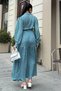 Petrol Blue Textured Fabric, Belted Waist, Balloon Sleeve, A-Line, Vintage Maxi Dress - Modest Wear - 3
