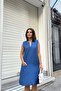 Indigo Sleeveless Slit Collar Hidden Double Pocket A-Line Comfortable Midi Dress - 6