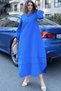Women's Blue Judge Collar, Elastic Balloon Sleeves, Skirt and Sleeves Fold Fabric Stitched, Long Loose Dress - 5
