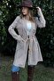Women's Red & Ecru Striped, Straw Rope Belt, Two Pockets, Long Linen Jacket