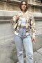 Women's Beige Patterned Gabardine Fabric, Comfortable Fit, Flap Pocket, Bomber Jacket - 7