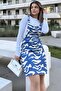Women's Blue Patterned, Wide Pocket, Thick Strap, Gabardine Salopet Dress