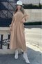 Women's Camel Double Breasted Collar, Slit, Belted Waist, Elastic Arm Ankles, Loose, Long Dress