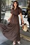 Coffee Short Sleeve, Airobin Fabric, Half Placket, Belt/Sash, Skirt Pleated, Pocket Maxi Long Dress - 2