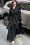 Women's Black Textured Fabric, Belted Waist, Balloon Sleeve, A-Line, Vintage Maxi Dress - Suitable for Modest Wear - 7