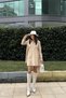 Women's Beige Shirt Collar, Long Sleeve, Asymmetric Cut, Loose, Midi Tunic Dress - 3
