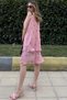Women's Powder A-Line, Leather Strap and Flower Embroidery Detail, Chiffon Fabric, Midi Kiloş Dress - 3