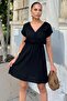 Women's Black Backless, Double Breasted Collar, Elastic Waist, Short Sleeve, Comfortable Midi Linen Dress