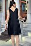 Women's Black Thick Strap, V-Neck Front and Back, Shoulder Buckle A-Line, Airobin Loose Dress - 4