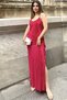 Women's Fuchsia Thin Strap, V-Neck, Slit Detail, Long Pleated Dress